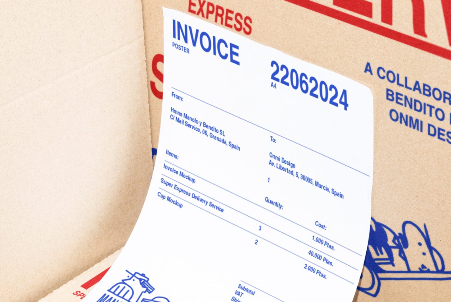 Close-up of a digital invoice mockup placed on cardboard packaging, showcasing detailed invoice design elements and typography layout with blue and red text.