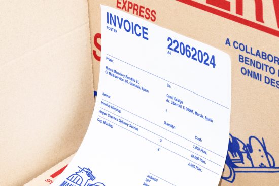 Close-up of a digital invoice mockup placed on cardboard packaging, showcasing detailed invoice design elements and typography layout with blue and red text.
