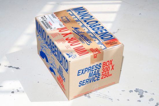 Photo of a cardboard express mail service box with bold blue and red typography. This is perfect for showcasing product packaging design mockups for designers.