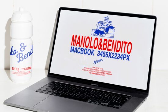 MacBook Pro mockup displaying Manolo & Bendito design with a water bottle nearby. Perfect for showcasing branding, mockups, graphics, templates for designers.