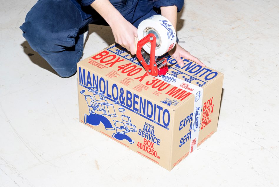 Person sealing a box with branded packing tape, showcasing packaging design. Use this mockup template for shipping box graphics. Ideal for e-commerce design projects.