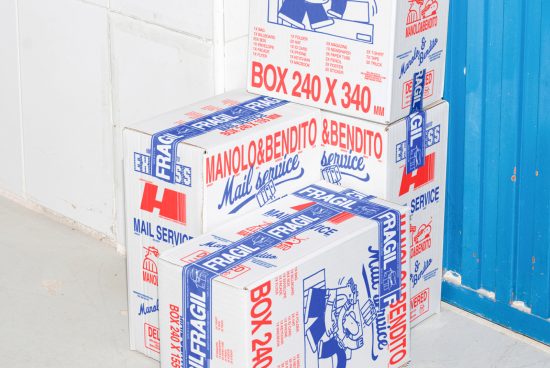 Stacked mail service boxes with Manolo&Bendito branding. Labels include fragile tape. Design and graphics suitable for templates, packaging mockups.