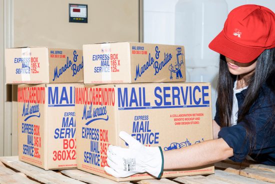 Person in red cap handling branded mail service boxes. Cardboard packaging design, shipping mockups for designers. Perfect for showcasing shipping graphics mockup.
