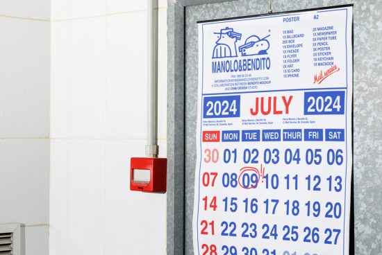 Minimalist 2024 wall calendar mockup with circled date designers digital assets template high resolution workspace July calendar design element wall-mounted flyer