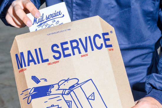 Mockup of a person holding a cardboard envelope with Mail Service branding in blue and red. Ideal for designers looking for packaging mockups or delivery graphics.