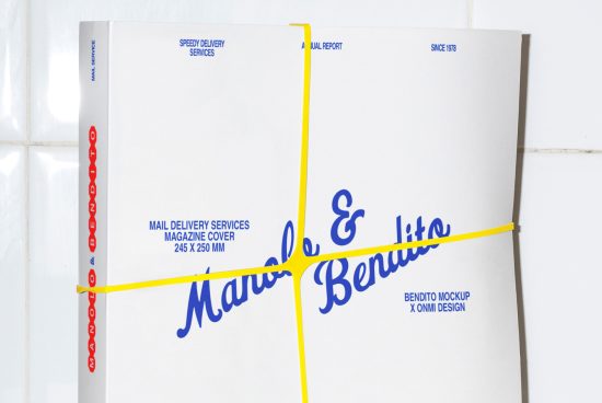 Magazine mockup with a realistic cover for designers keyworded white 245x250 mm blue text yellow string vertical template digital asset for Mail delivery services