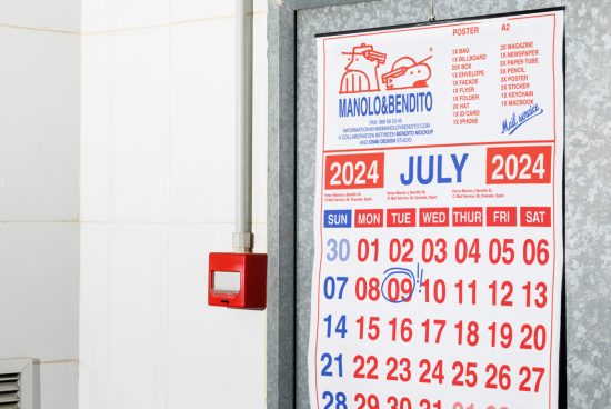 July 2024 wall calendar featuring bold numbers and marked dates. Ideal for wall calendar mockups and graphic design projects. Red background with a metal frame.
