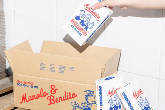 Person holding custom branded packaging box labeled Mail Service Manolo Bendito. Keywords: mockups, packaging, graphic design, branding, digital assets, templates.