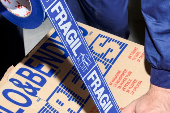 Blue tape with fragile text on cardboard box; packaging mockup for designers. Designer putting tape on moving box labeled fragile. Mockups, Graphics, Templates.