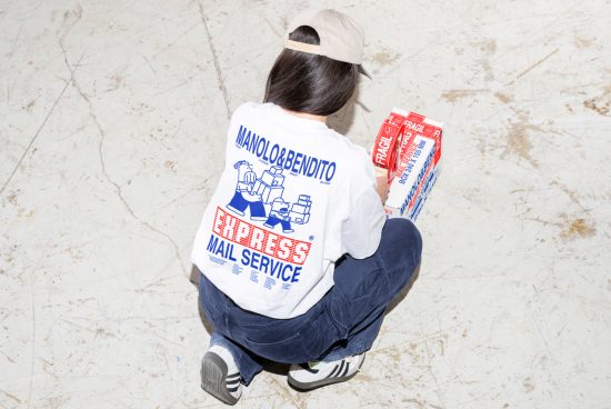 Person wearing an Express Mail Service shirt while holding cardboard boxes labeled Fragile, suitable for mockups or graphics under packaging and delivery theme.
