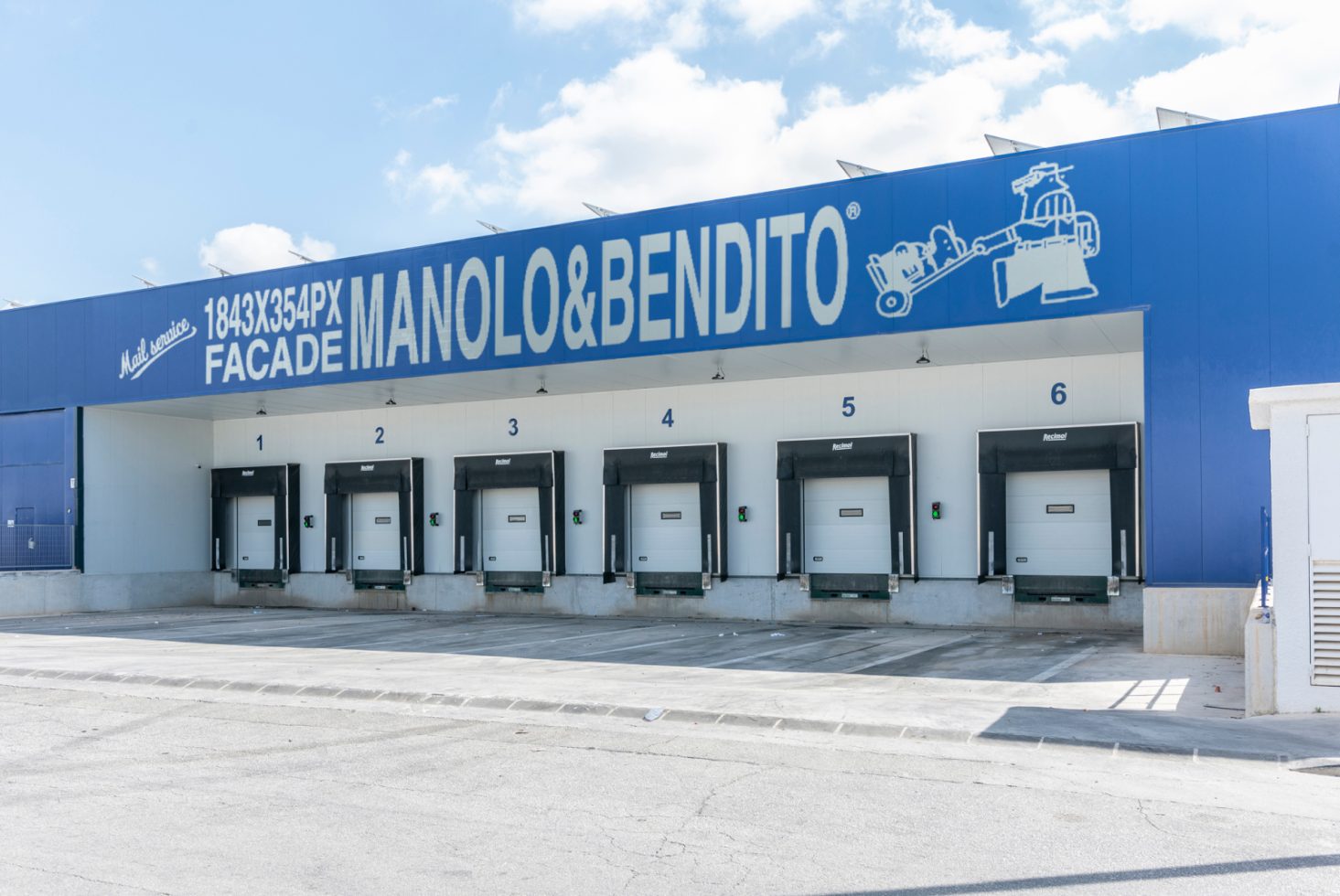 Warehouse loading docks facade mockup featuring 6 loading bays, ideal for branding and signage templates. High resolution 1843x3544px realistic exterior design