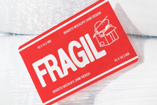 Red fragile sticker mockup, 85x50.3mm, includes a cartoon of a character inside a box. Suitable for designers looking for packaging mockups.