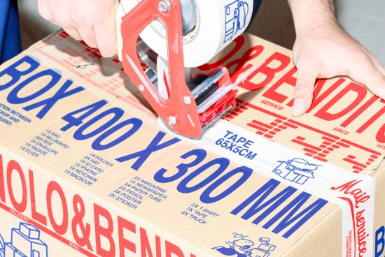 Close-up of a hand using packing tape on a cardboard box with blue and red printed text. Ideal for packaging mockup, product design, and shipping graphics.