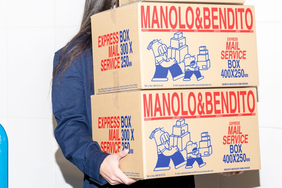Woman holding red Manolo Bendito cardboard boxes with delivery service design