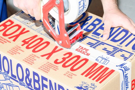 Person sealing a cardboard box with a packing tape dispenser. Box features bold red text and graphics. Ideal for designers in mockups, packaging design, templates.
