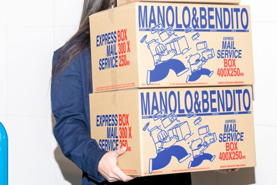 Person carrying two cardboard boxes with bold blue branding and red text. Perfect for packaging mockups. Keywords: packaging, mockup, cardboard box, design.