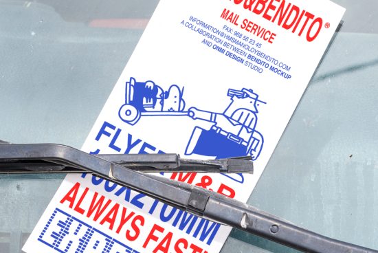 Mockup flyer for print and graphic design on a car windshield under wiper showcasing mail service in red and blue colors for designers and marketing professionals