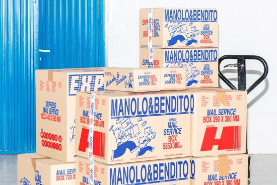 Stacked cardboard boxes with mail service branding and dimensions, blue storage doors, packaging mockup for shipping, logistics, warehouse design assets