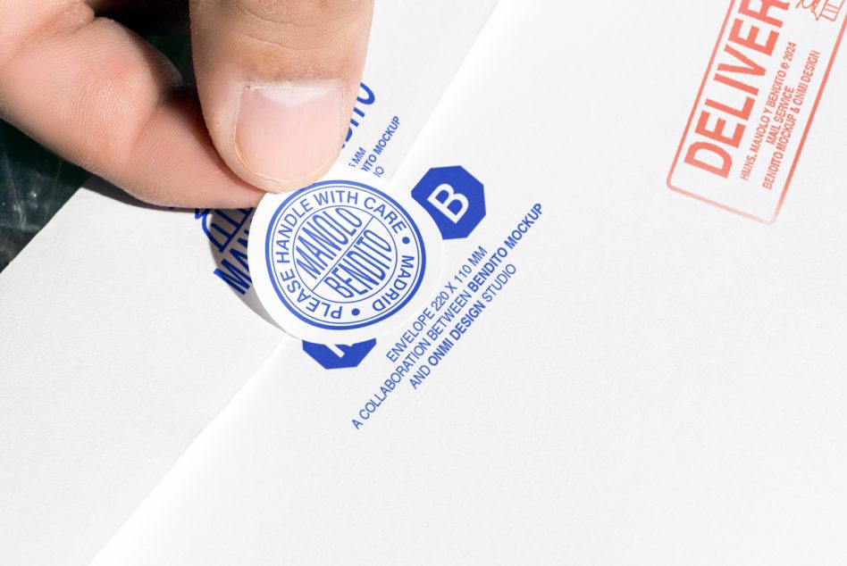 Hand holding circular sticker on envelope with blue and red graphic designs. Ideal for envelope mockup, branding, packaging design. High-resolution template.