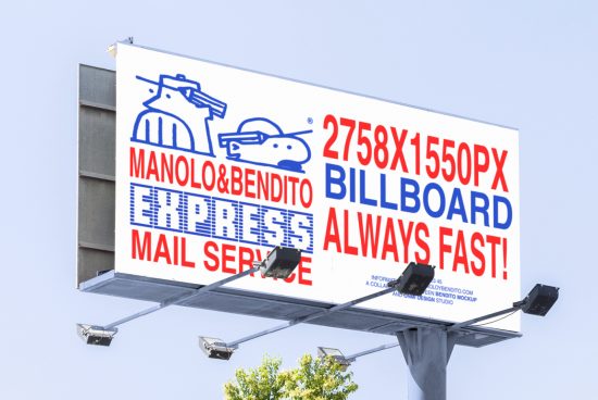 Billboard mockup design 2758x1550px featuring Manolo Bendito Express Mail Service in red and blue colors perfect for advertising and promotional templates