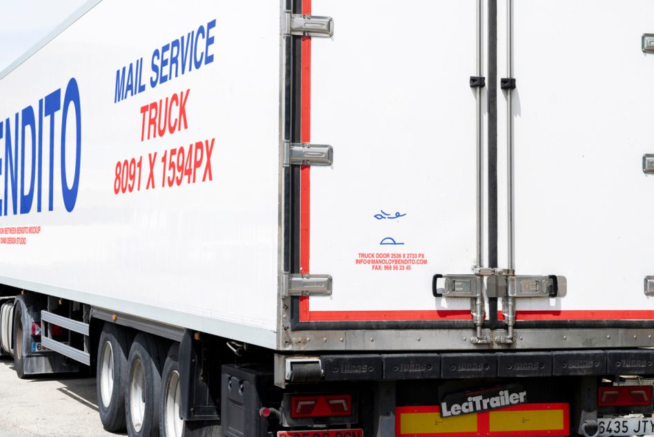 Mail service truck mockup, featuring high-resolution dimensions of 8091x1594px for designers. Ideal for showcasing graphics and templates in realistic settings.