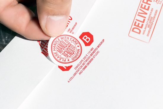 Hand applying red Handle with Care sticker on white envelope; mockup suitable for designers focusing on packaging, branding, templates, or print graphics