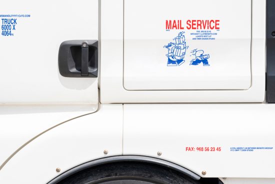 White mail service truck side view with cartoon graphics and text. Ideal for Mockups category on a digital assets marketplace for designers. Keywords: mockup, truck, mail.