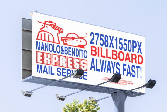 Urban billboard mockup for designers. Editable 2758x1550px template with large expressive font. Ideal for showcasing advertising designs.