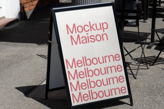 Outdoor signage mockup featuring text Mockup Maison Melbourne repeated. Ideal for showcasing branding or advertising designs in a realistic setting. Templates.