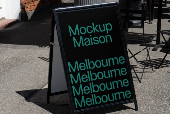 Outdoor A-frame sign mockup with green text Mockup Maison Melbourne repeated, suitable for branding presentations. Keywords: mockup, graphic design, sign, template.