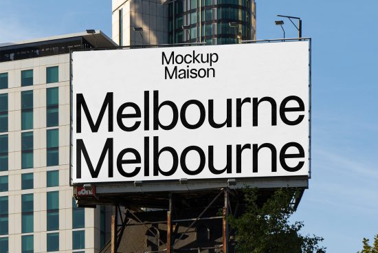 Billboard mockup in cityscape setting featuring Melbourne text. Perfect for showcasing fonts and outdoor advertising designs. Ideal for designers.