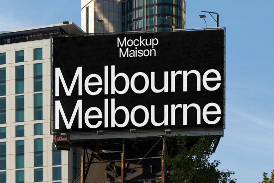 Melbourne city billboard mockup against blue sky and modern buildings background, perfect for showcasing designs or fonts in urban settings.