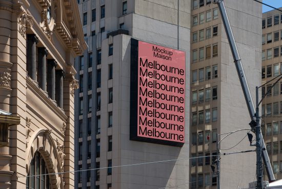 City billboard mockup showcasing repeated Melbourne text design on building wall. Ideal for outdoor advertising mockups, urban design assets, graphic designers.