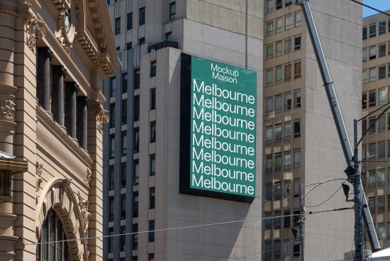 Urban billboard mockup on a city building displaying the word Melbourne in repetitive text for design presentations Architecture, cityscape, graphic design