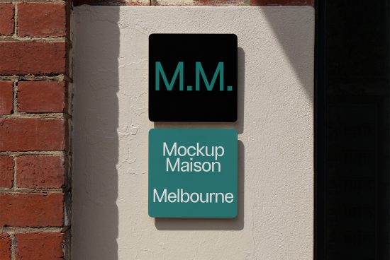 Square outdoor sign mockup on brick and plaster wall in Melbourne. Ideal for branding and signage designs. Perfect for designers in need of realistic mockups.