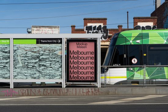 Bus stop advertising mockup featuring Melbourne location. Ideal for showcasing billboard designs, urban graphics, or outdoor advertising templates for designers.