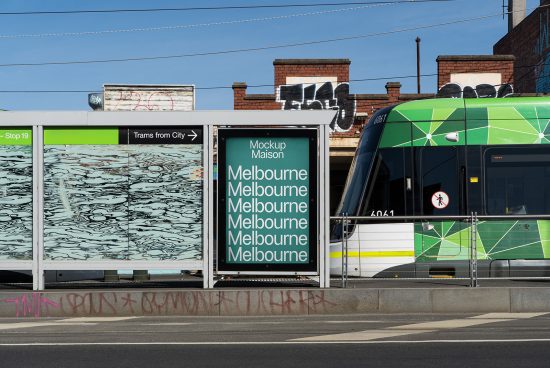 Outdoor billboard mockup at a tram stop in Melbourne with graffiti in the background, perfect for designers showcasing poster, advertising design templates.