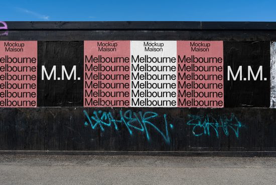 Urban poster mockup template showcasing Melbourne city name repeated on a grungy graffiti wall. Perfect for designers needing realistic street mockup visuals.