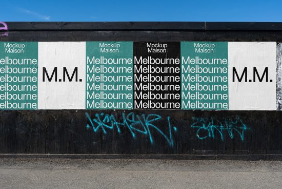 Street wall with multiple posters listing Melbourne in different fonts and colors. Great for urban mockup templates, graphic designers, typography projects.