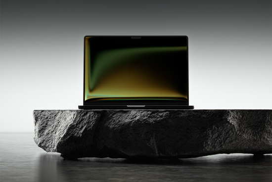 Laptop with a blank screen on a rough stone surface, minimalistic and futuristic background, perfect for mockups, template design, digital asset for designers.