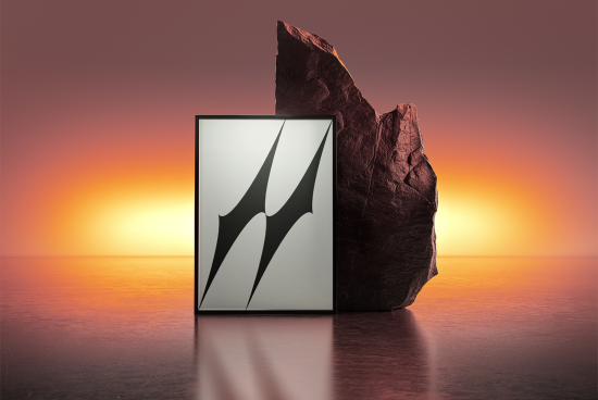 Mockup image: Framed abstract artwork with black shapes against sunset backdrop and large rock. Perfect for designers, templates, graphics, and mockups.