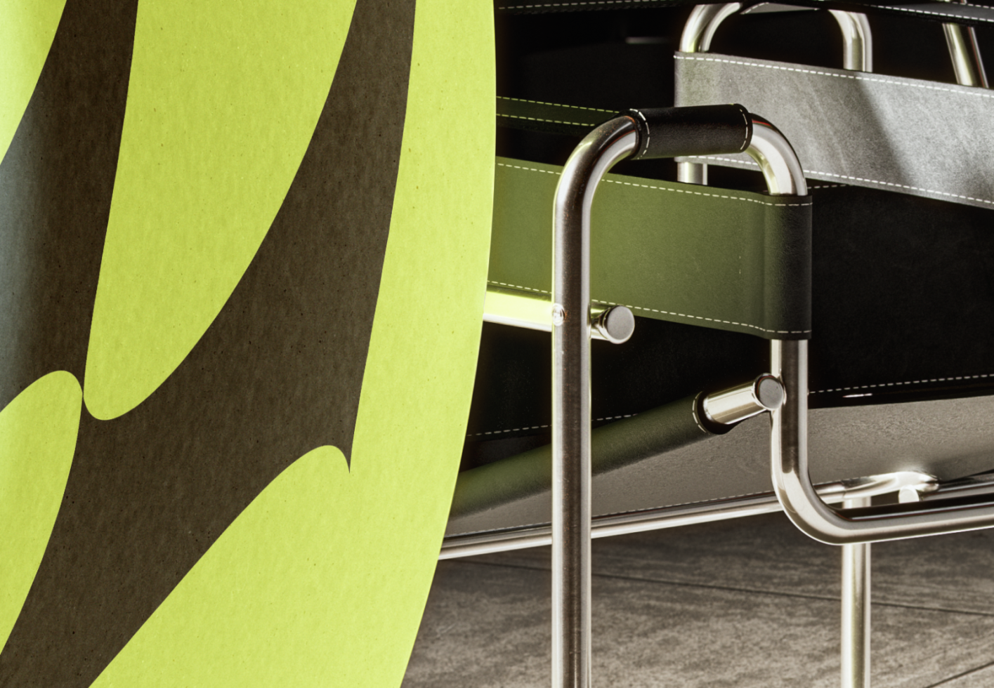 Close-up image of a modern chair with black and lime green accents, showing detailed stitching and metal frame. Perfect for furniture design mockups and templates.