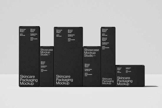 Skincare packaging mockup series displayed in black boxes; ideal for designers to showcase product designs. Keywords: mockups, skincare, packaging, design, templates.