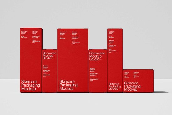 Skincare packaging mockup with red boxes, ideal for designers. Perfect for showcasing product designs and branding. Mockups Templates Designers Graphics.