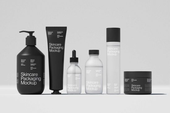 Skincare packaging mockup set showcasing various bottle designs ideal for designers. Keywords: Mockups, Skincare, Packaging, Design, Graphic Templates.
