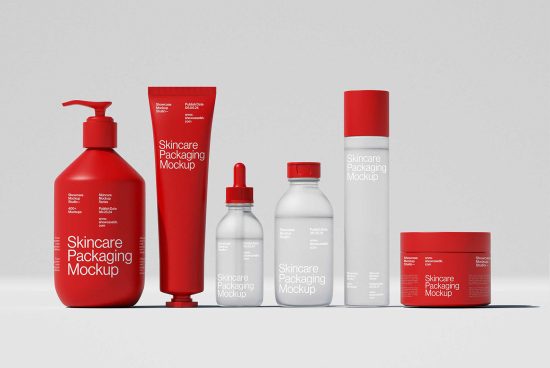 Skincare packaging mockup set featuring red and white bottle designs. Ideal for presenting skincare products. Keywords: skincare, mockup, packaging, design.