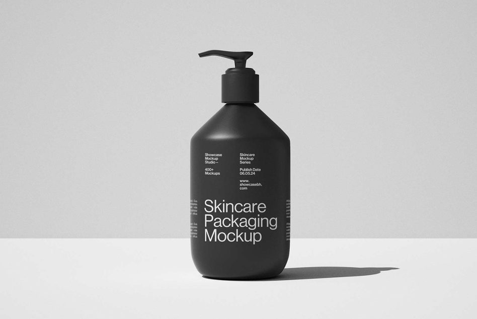 Black pump bottle on neutral background showing skincare packaging mockup with label details