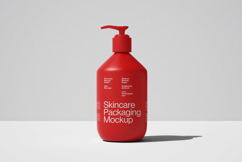 Red skincare packaging pump bottle mockup with white text standing on a white surface. Ideal for showcasing branding. Keywords: mockup, skincare, packaging, designers.