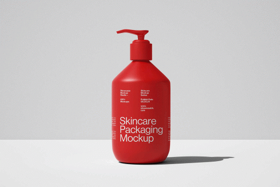 Red skincare packaging pump bottle mockup with white text standing on a white surface. Ideal for showcasing branding. Keywords: mockup, skincare, packaging, designers.