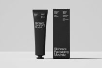 Sleek black tube next to minimalist box mockup with clean typography layout